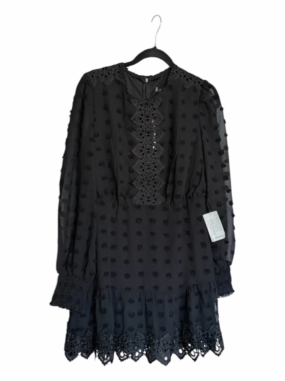 NWT Love by Design black rina dot chiffon lace trim & crochet detail dress